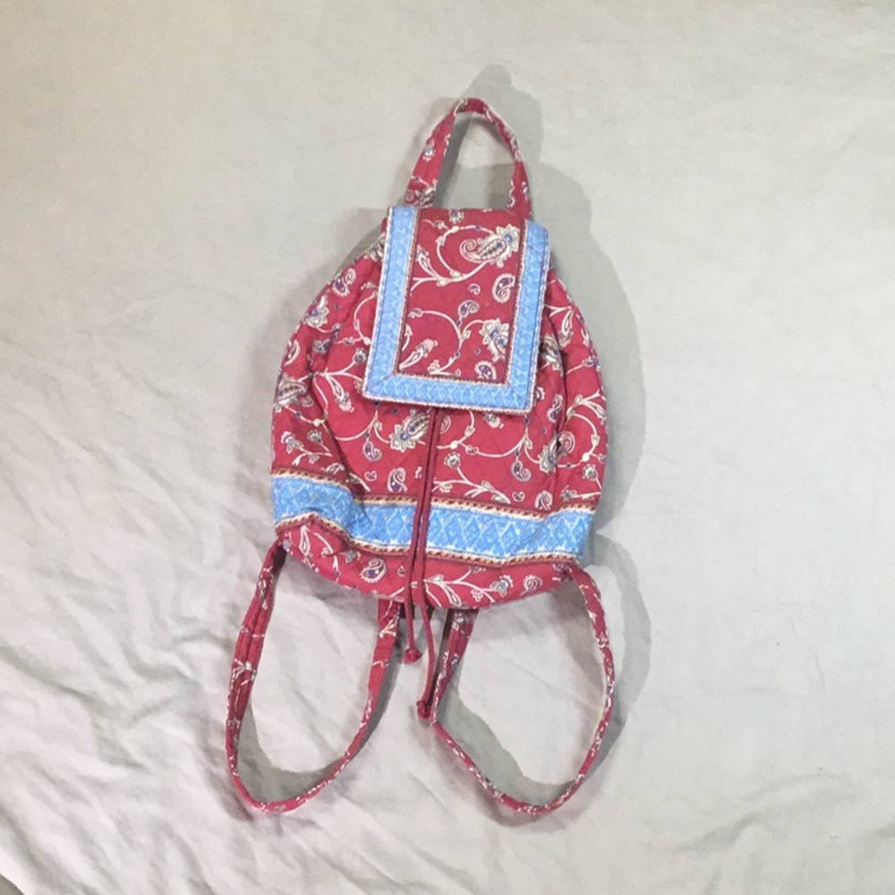 Vera Bradley backpack drawstring quilted red white blue floral paisley